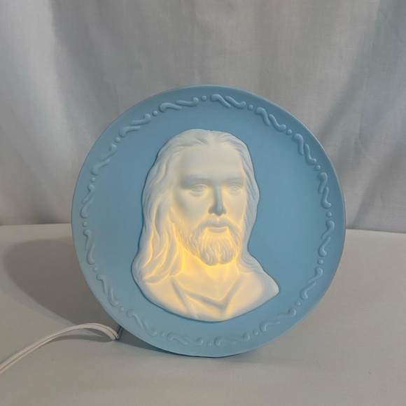 Jesus Table Lamp Nightlight Blue White Porcelain Bisque Easter Religious Vintage - Picture 6 of 9